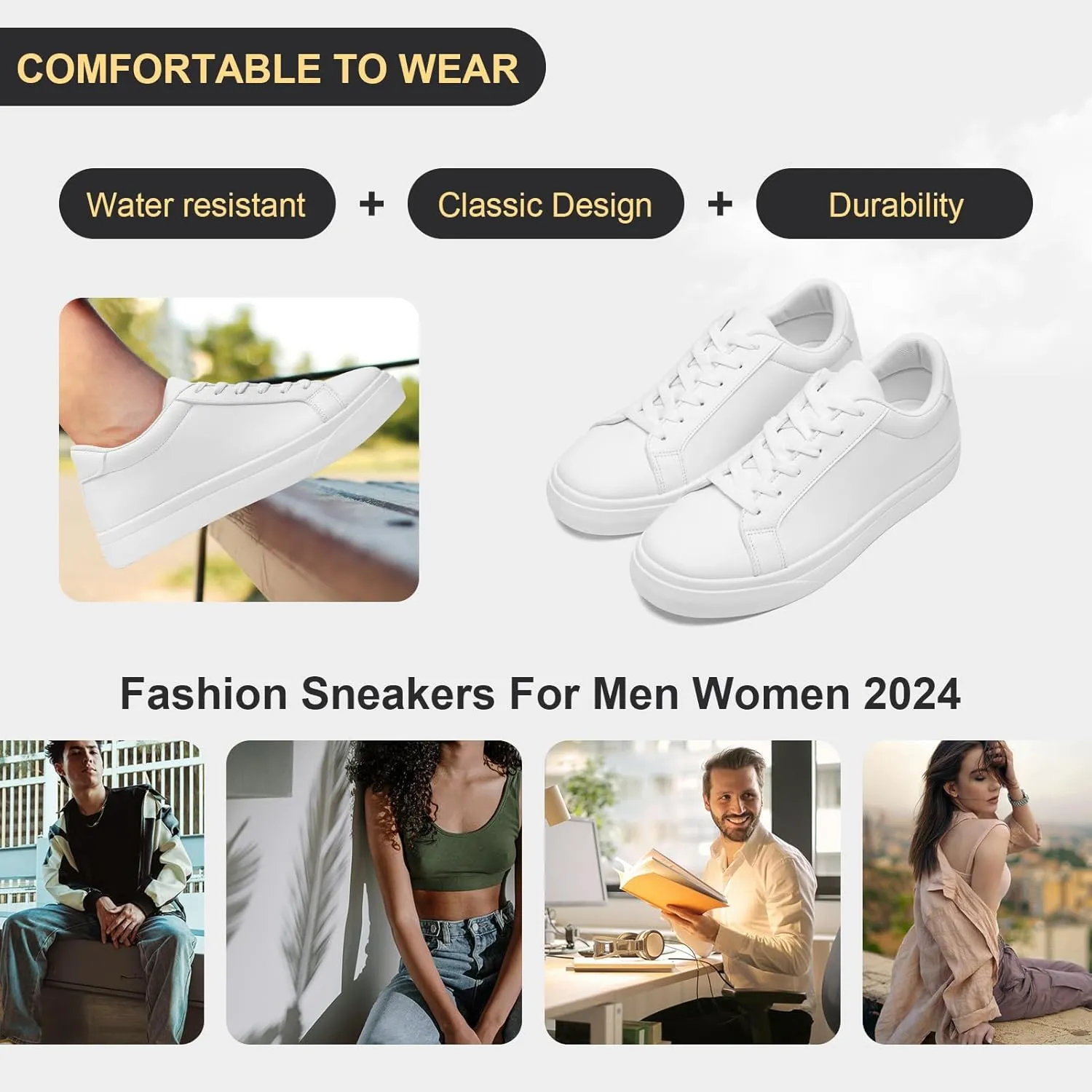 Fashion Sneakers for Men Women, Men’s Black Casual Leather Skate Shoes, Non Slip Comfortable Breathable Tennis Walking Shoes